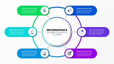 Simgeli ve 6 basamaklı bilgi şablonu. İş akışı düzeni, diyagram, pankart, web tasarımı için kullanılabilir. Vektör illüstrasyonu