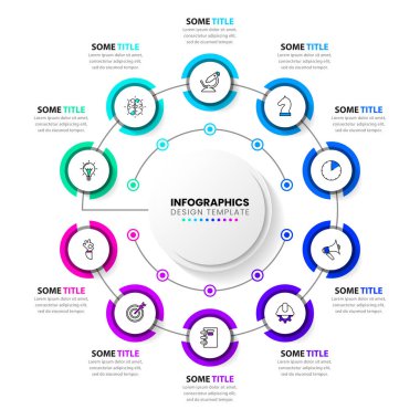 Simgeli bilgi şablonu ve 10 seçenek veya adım. Çember olun. İş akışı düzeni, diyagram, pankart, web tasarımı için kullanılabilir. Vektör illüstrasyonu