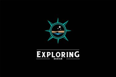 Star Land ve Water Sea Lake River 'a sahip klasik Retro Pusula Macera Logosu Tasarım Vektörü