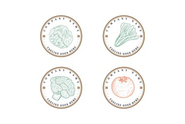 Vintage Retro Cabbage Domates Brokoli Hardal Rozet Damgası Logo Tasarım Vektörü