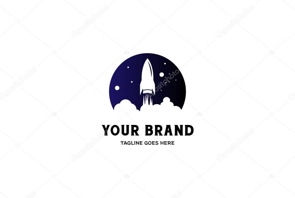 Simple Minimalist Rocket Launch with Moon Planet for Universe Space Logo Design Vector
