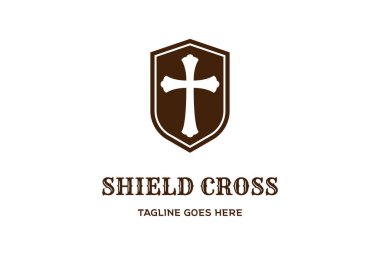 Christian Cross Logo Tasarım Vektörlü Retro Vintage Shield