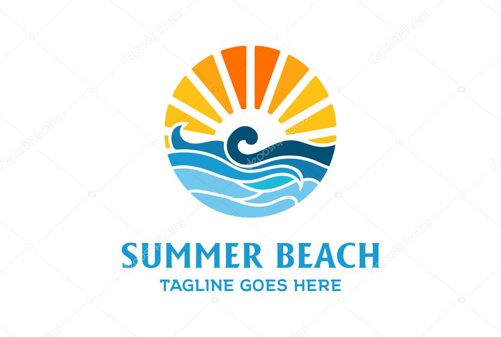 Summer Beach Coast Island Sea Ocean with Wave Logo Design Vector