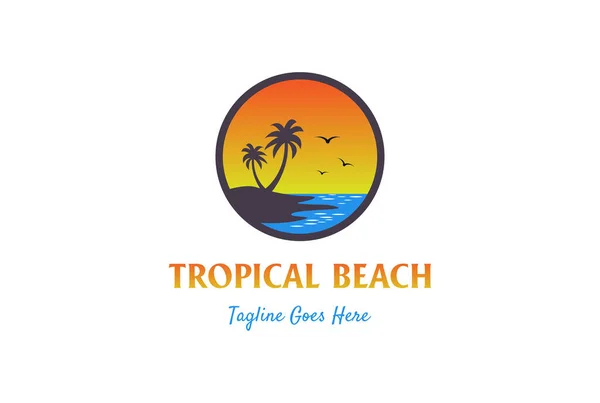 Circulaire Sunset Palm Kokosboom Voor Summer Beach Logo Design Vector — Stockvector