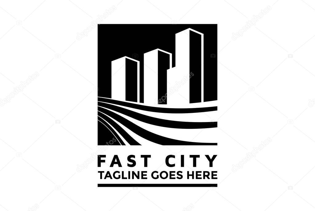 Retro Vintage Fast Way with Building Town City for Real Estate Development Property Logo Design Vector