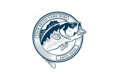 Angler Kulübü Logo Tasarım Vektörü için Circular Round Bass Büyük Ağız Balık Rozeti Amblemi Etiketi