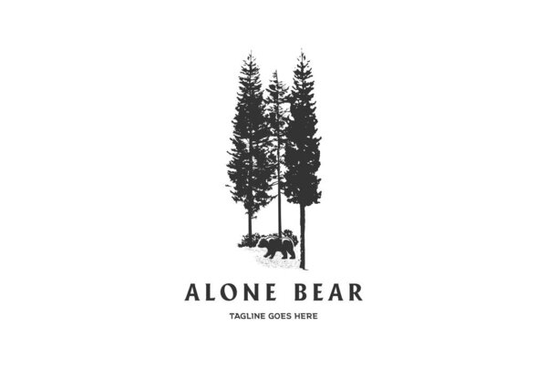 Vintage Retro Pine Spruce Conifer Cedar Cypress Larch Evergreen Fir Trees Forest with Bear for Conservation Logo Design Vector