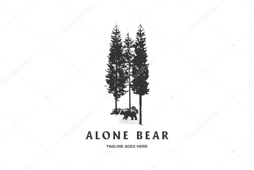 Vintage Retro Pine Spruce Conifer Cedar Cypress Larch Evergreen Fir Trees Forest with Bear for Conservation Logo Design Vector