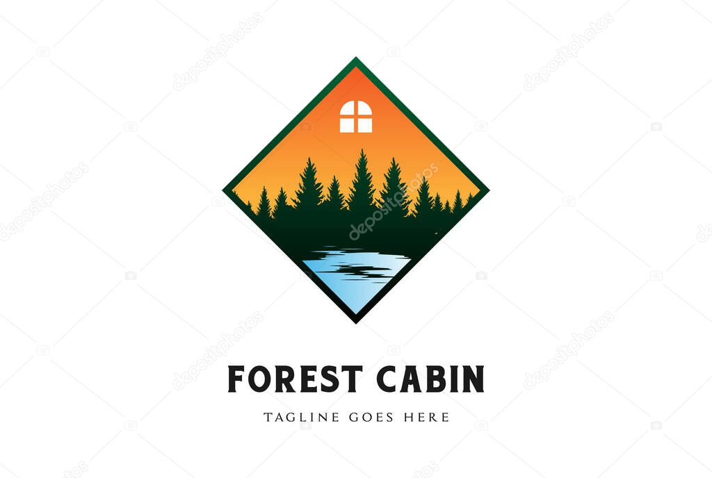 Square House with Pine Cedar Conifer Evergreen Fir Cypress Larch Trees Forest and River Creek for Cabin Chalet Cottage Camp Logo Design Vector