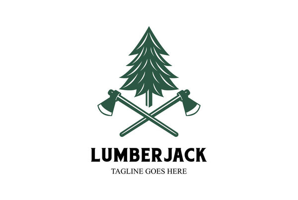 Vintage Pine Evergreen Cedar Conifer Fir Larch Cypress Tree with Crossed Ax Hatchet for Wood Lumberjack or Timber Logo Design
