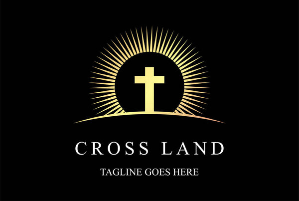 Golden Sun Sunset Sunrise with Jesus Christian Cross for Church Chapel Logo Design Vector