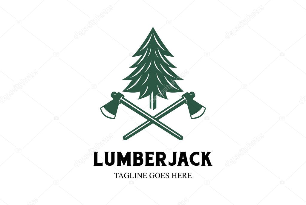 Vintage Pine Evergreen Cedar Conifer Fir Larch Cypress Tree with Crossed Ax Hatchet for Wood Lumberjack or Timber Logo Design