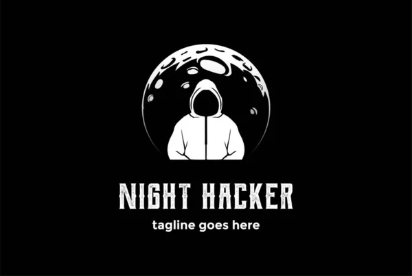 Dark Night Moon Tajemniczym Człowiekiem Projektowania Logo Hakera — Wektor stockowy