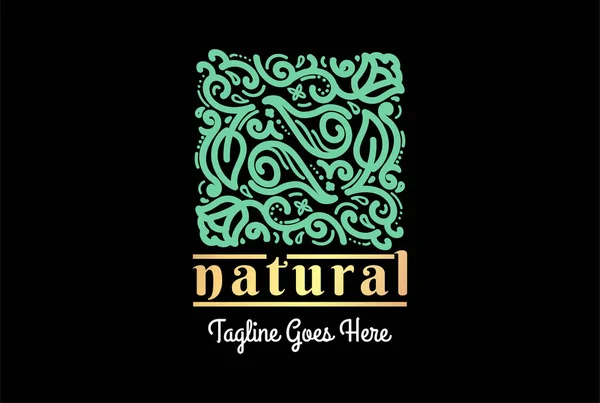 Square Swirl Flower Leaf Doodle Natural Wellness Herb Logo Design — Vetor de Stock