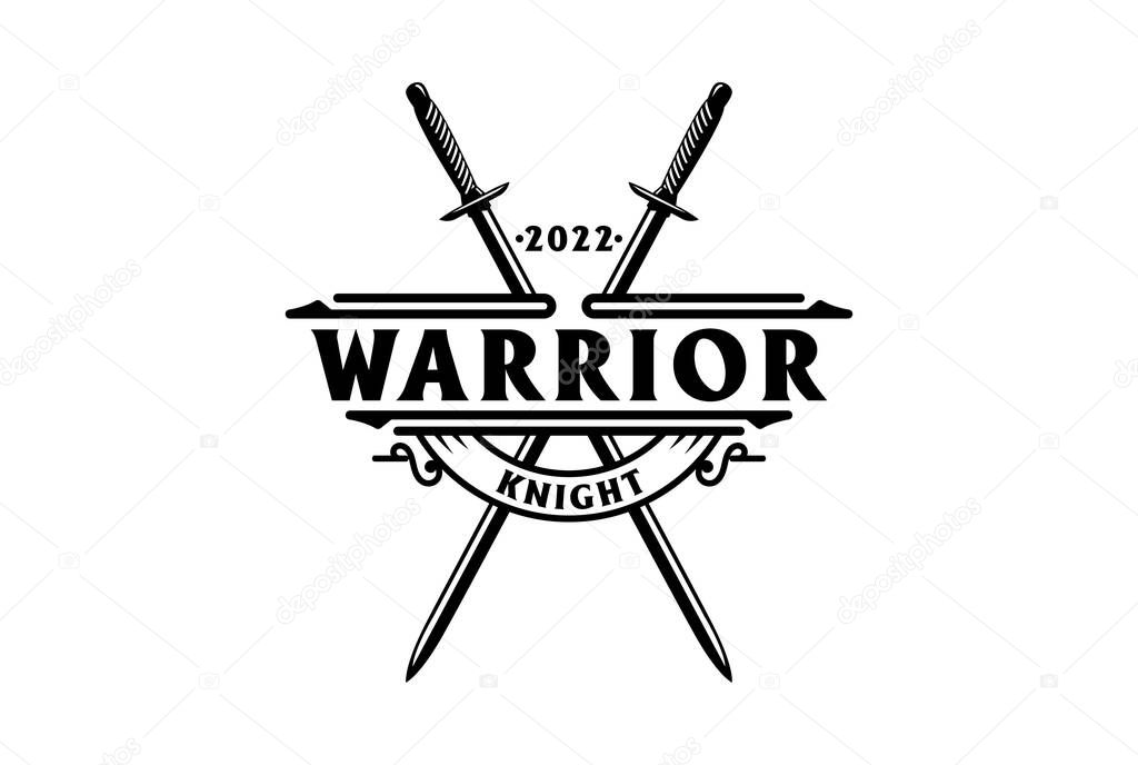 Retro Vintage Crossed Sword Saber Blade Badge Emblem for Warrior Knight Logo Design