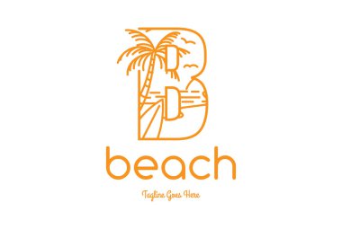 Letter B with Palm Tree Wave Sea Sunset and Surfboard for Beach Surf Travel Vacation Logo Design