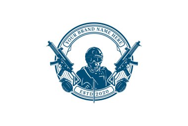 Askeri Rozet Amblemi Markası Logo Tasarım Vektörü El Bombası ve Sub Makineli Tüfekli Seçkin Ordu Donanması Askeri Askerleri