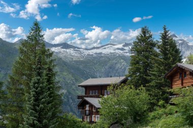 Bellwald 'da arka planda Büyük Özenti ile yerel bir manzara. Bellwald İsviçre 'nin Valais Alplerinde bir köydür..