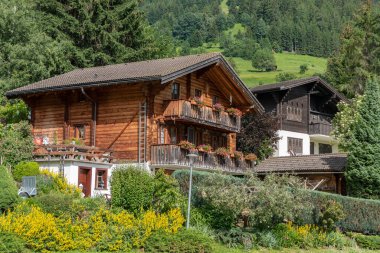Muehlebach köyündeki tipik Valais evleri. Muhlebach İsviçre 'nin Valais Alplerinde bir köydür..