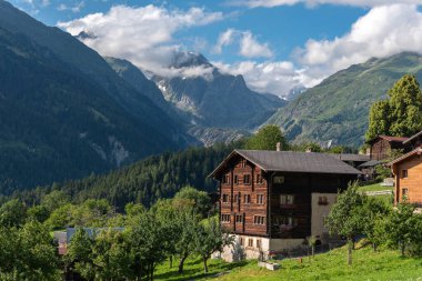 Arka planda Wannenhorn grubuyla Ernen köyü. Ernen İsviçre 'nin Valais Alplerinde bir köydür..