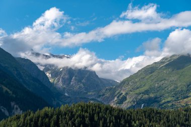 Arkasında Wannenhorn grubunun dağları olan Ernen yakınlarındaki manzara. Ernen İsviçre 'nin Valais Alplerinde bir köydür..
