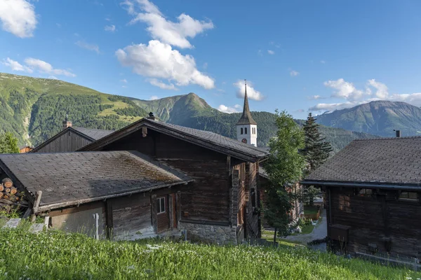 Centro Histórico Vila Bellwald Com Casas Madeira Valais Torre Das — Fotografia de Stock