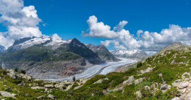 Aletsch Buzulu Dünya Mirası Bölgesi ile Riederalp köyü yakınlarındaki manzara