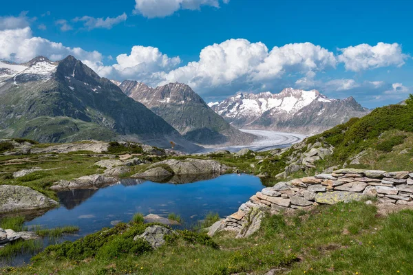 Malé Horské Jezero Obce Riederalp Aletschovým Ledovcem Pozadí — Stock fotografie