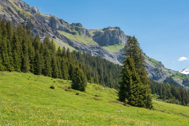İsviçre 'nin Bernese Oberland kentindeki Kandersteg yakınlarında Oeschinen dağ istasyonu ve Oeschinensee gölü arasındaki manzara.
