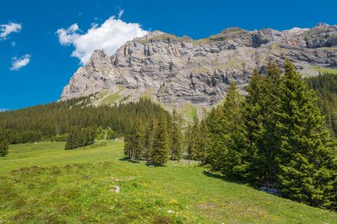 İsviçre 'nin Bernese Oberland kentindeki Kandersteg yakınlarında Oeschinen dağ istasyonu ve Oeschinensee gölü arasındaki manzara.