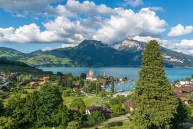 Thun Gölü ve Spiez şehri İsviçre 'nin Bernese Oberland' inde.