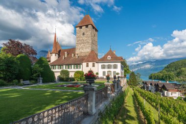 Spiez, İsviçre - 17 Haziran 2019: İsviçre 'nin Bernese Oberland bölgesindeki Spiez' de Thun Gölü 'ndeki kayıkhane