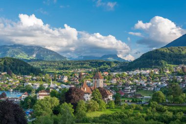 Spiez, İsviçre - 17 Haziran 2019: İsviçre 'nin Bernese Oberland bölgesindeki Spiez' de Thun Gölü 'ndeki kayıkhane