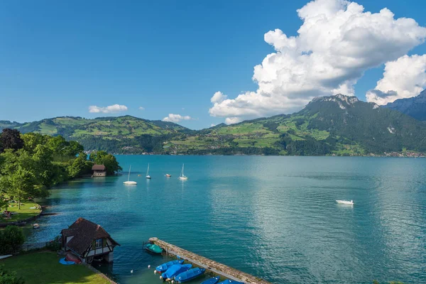 Boathouse Lago Thun Spiez Bernese Oberland Suíça — Fotografia de Stock