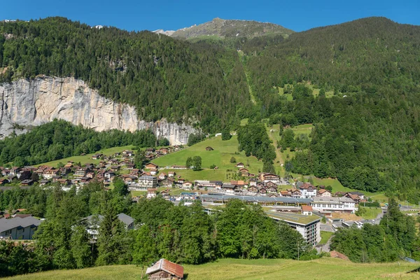 Paisaje Urbano Lauterbrunnen Con Gruetschalp Montaña Marchegg Oberland Bernés Suiza — Foto de Stock