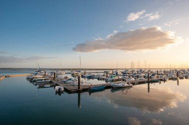 Portekiz 'deki Algarve' de Olhao 'nun önündeki limana demirlemiş tekneler.