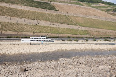 Rhine near Bingen in Rhineland-Palatinate in Germany. Extreme low water in the drought summer of 2022