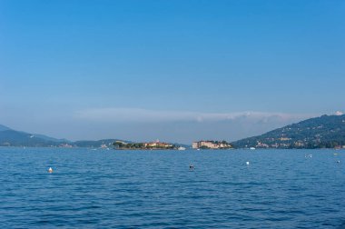 Lago Maggiore with the Borromean islands Isola Bella and Isola dei Pescatori near Stresa. Stresa is a town in Piedmont in northern Italy