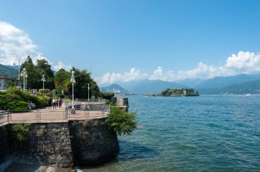 Stresa, Italy - August 15, 2018: View over the promenade of Lake Maggiore to Isola Bella by Stresa. Stresa is a town in Piedmont in northern Italy