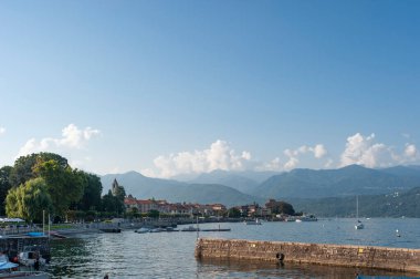 Cityscape at the port of Baveno with Lake Maggiore. Baveno is a town in Piedmont in northern Italy