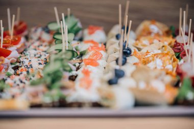 Aperatifli tepsi, mini sandviçler. Bir sürü küçük lokma sandviç aperatifleri. Tatil atıştırmalıkları. Tapas. Parti atıştırmalıkları, bira atıştırmalıkları, yan manzara..