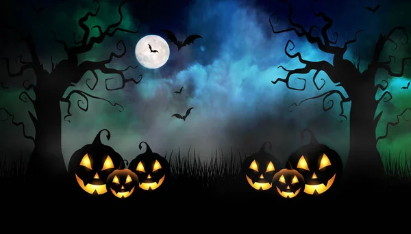 Boldog Halloween Hátteret Illusztráció Kártya Design Sötét Háttér Sütőtök Denevérek — Stock Fotó