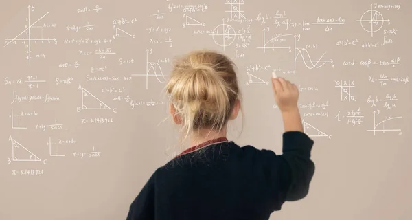 Schoolgirl Writes Blackboard Formulas Mathematical Equations — Stock Photo, Image