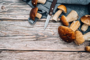Ahşap arka planda Boletus mantarları. Autumn Cep Mantarları. Boletus Edulis, tahta arka planda. Lezzetli organik mantar pişiriyorum. Gurme yemeği. Üst görünüm düzlüğü