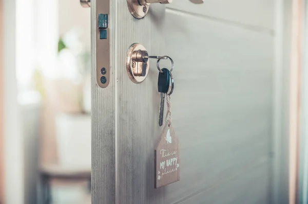 Ouvrez Porte Une Nouvelle Maison Poignée Porte Avec Clé Porte — Photo