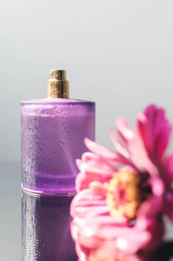 Cam ayna yüzeyinde çiçekli bir şişe parfüm..