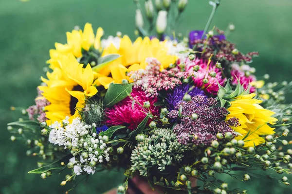 Hands Holding Beautiful Bouquet Wild Summer Flowers — Stock Photo, Image