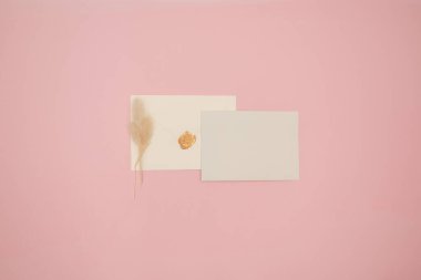 Pembe arka planda, üst manzaralı, stili kadınsı bir daire. Boş sayfa, zarf ve kurumuş çiçeklerle asgari kadın masaüstü. Yaratıcı konsept, tebrik kartı şablonu