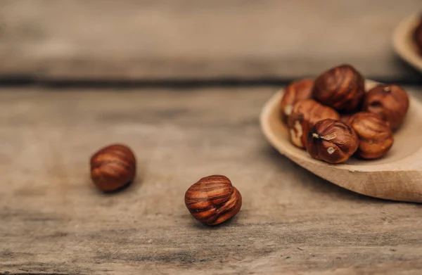 Shelled Hazelnuts Spoon Wooden Background Close — Stock Photo, Image