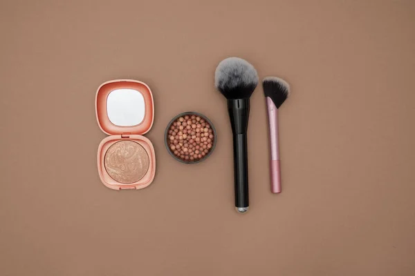 Flat Lay Composition Different Cosmetic Products Beige Background Space Text — Stock Photo, Image